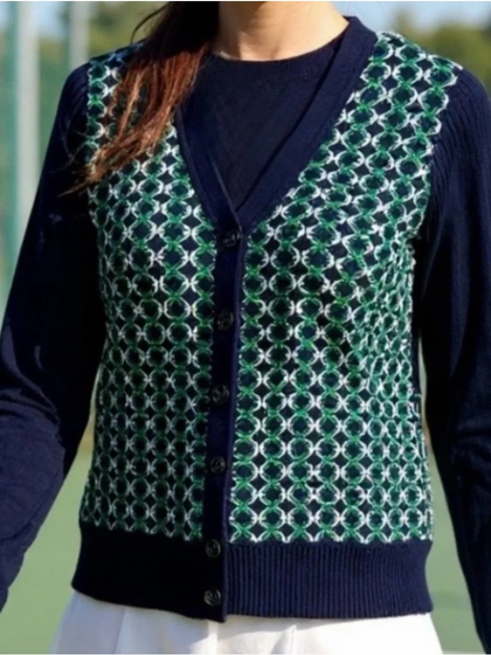 Tory Burch Sport Merino Contrast-Front Long Sleeve Cardigan Sweater, Size S/P